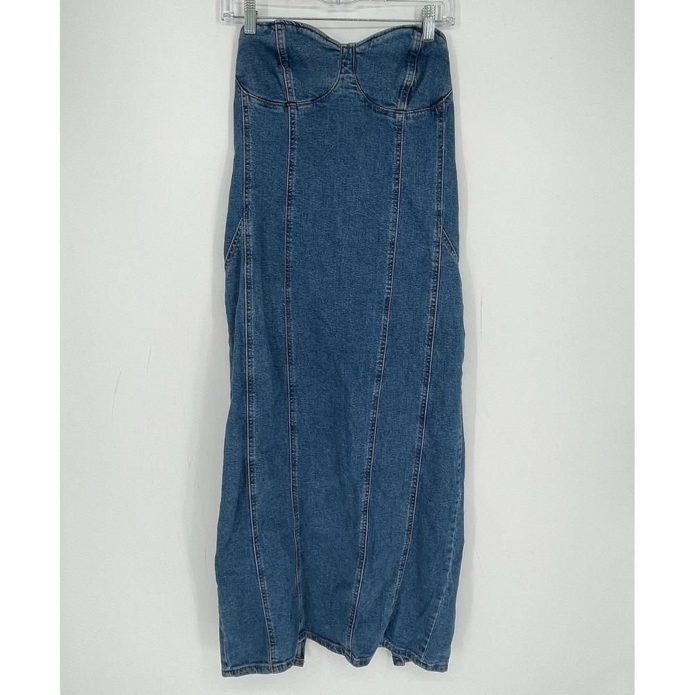 Forever 21 Women's Y2K Blue Stretch Strapless Bustier Denim Maxi Dress Size L